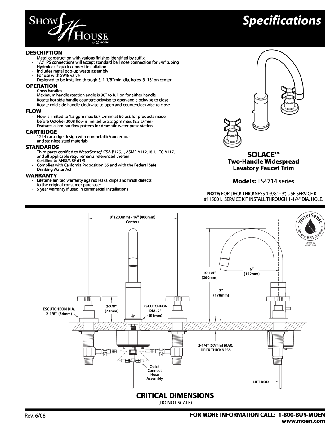 Moen TS4714 Series specifications Specifications, Solace, Critical Dimensions, Two-Handle Widespread Lavatory Faucet Trim 