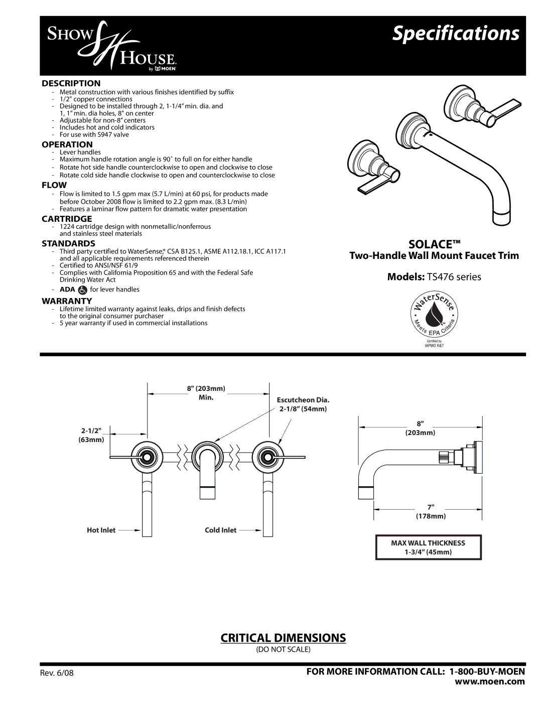 Moen TS476 Series specifications Specifications, Solace, Two-Handle Wall Mount Faucet Trim 