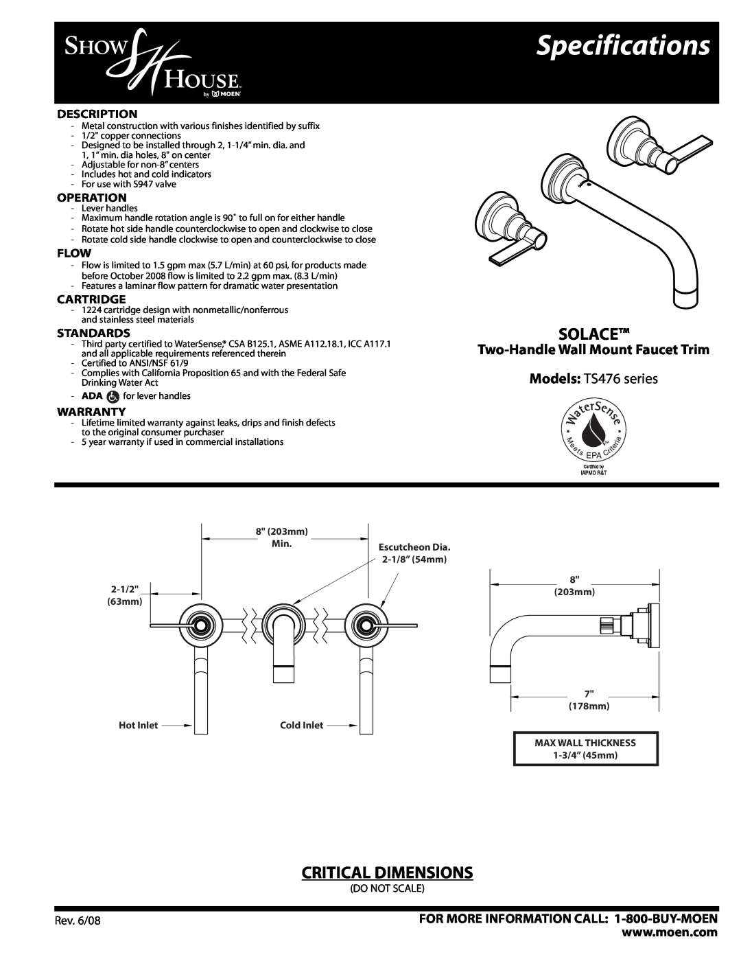 Moen TS476 Series specifications Specifications, Solace, Critical Dimensions, Two-Handle Wall Mount Faucet Trim, Operation 