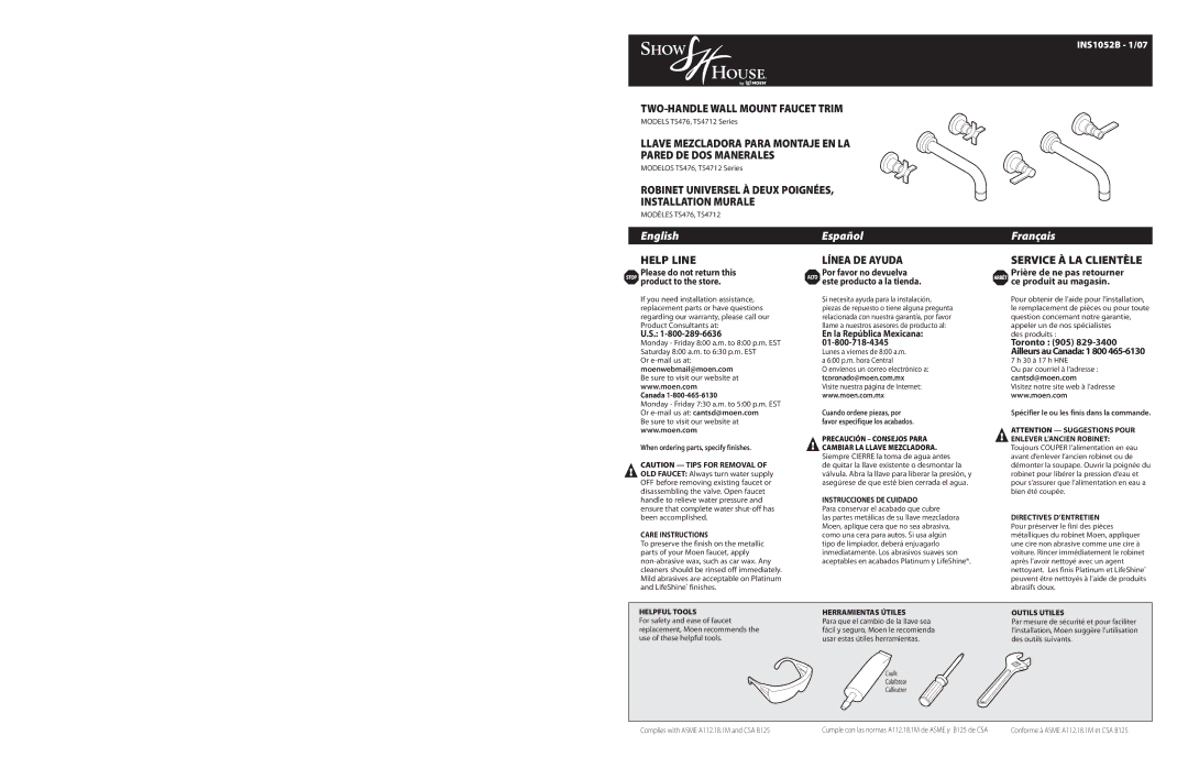 Moen TS476 warranty Moenwebmail@moen.com, En la República Mexicana, Cantsd@moen.com 