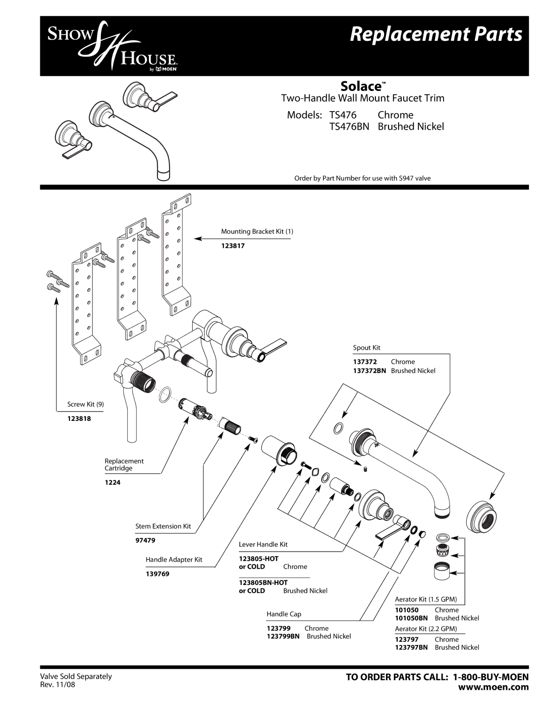 Moen TS476BN manual Replacement Parts, Solace, Brushed Nickel 