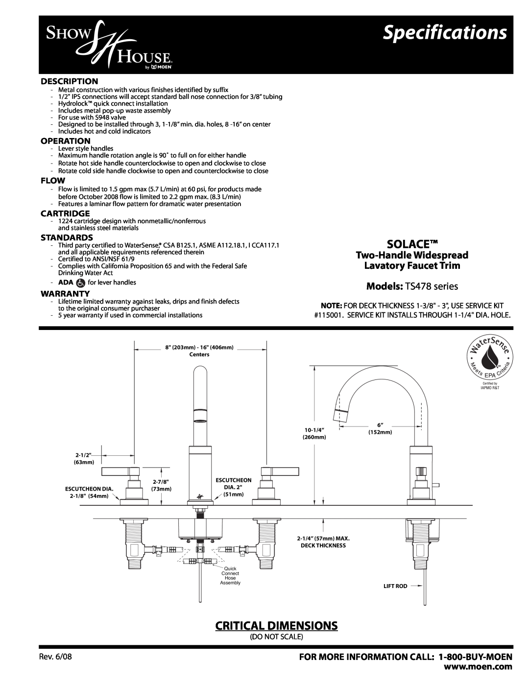 Moen TS478 Series specifications Specifications, Solace, Critical Dimensions, Two-Handle Widespread Lavatory Faucet Trim 