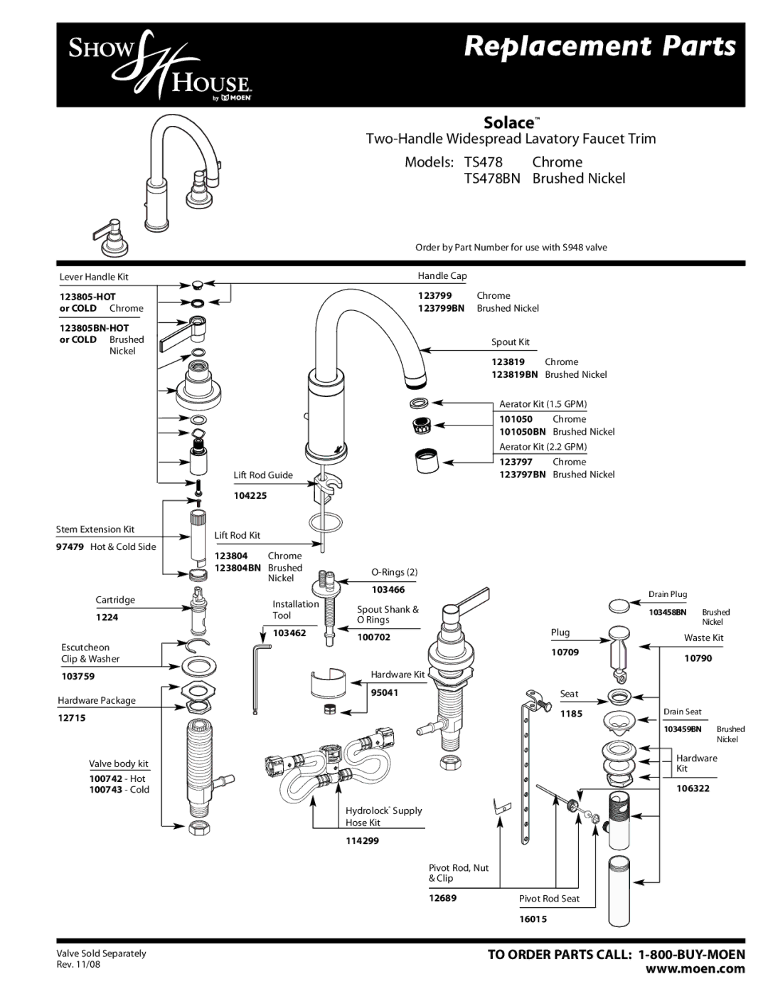 Moen TS478BN manual Replacement Parts, Solace, Brushed Nickel 