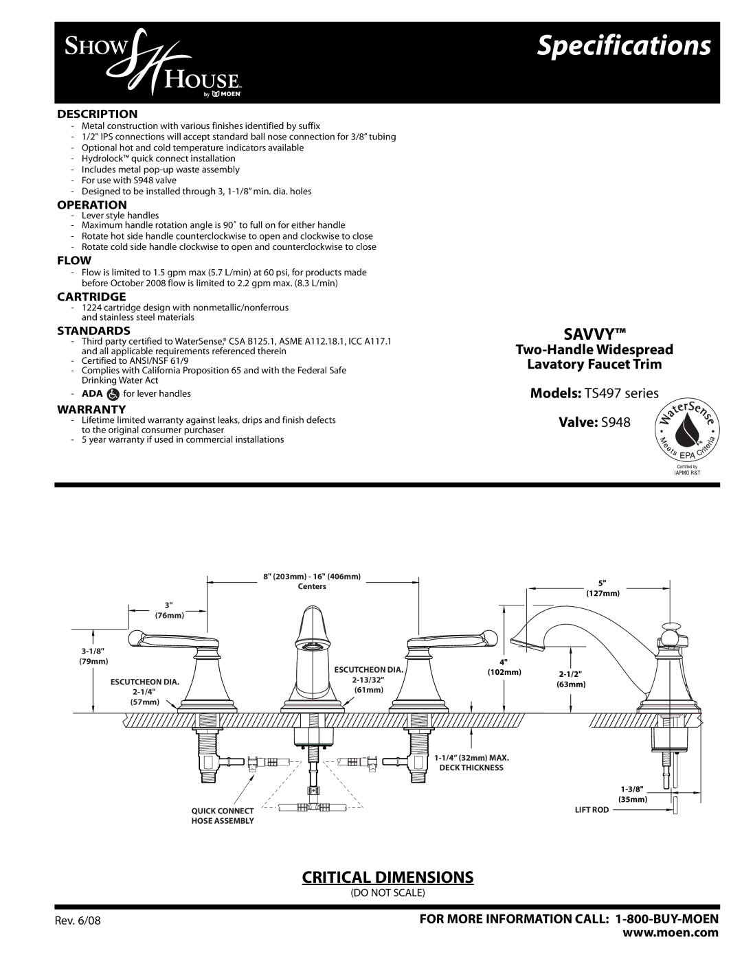 Moen TS497 Series specifications Specifications, Savvy, Two-Handle Widespread Lavatory Faucet Trim, Valve S948 