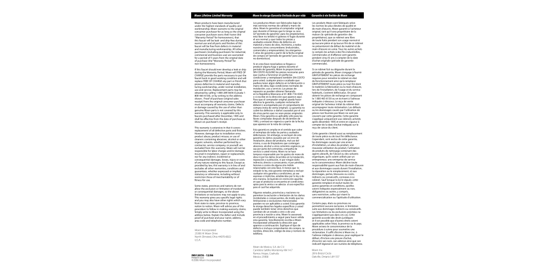 Moen TS497, TS498 SERIES warranty Moen Incorporated Al Moen Drive North Olmsted, Ohio, INS1207A 12/06 