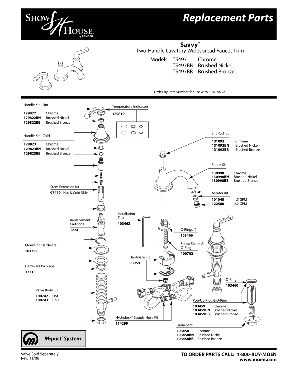 Moen TS497BB manual Replacement Parts, Savvy, TS497BN, Mpact System 