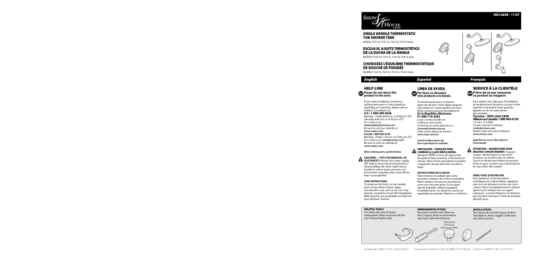 Moen TS3116 Series, TS514 Series warranty INS1285B 11/07, Stop Please do not return this, Product to the store 