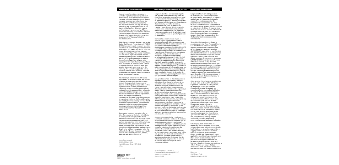 Moen TS3110 Series, TS514 Series warranty Moen Lifetime Limited Warranty, Garantie à vie limitée de Moen, INS1285B 11/07 