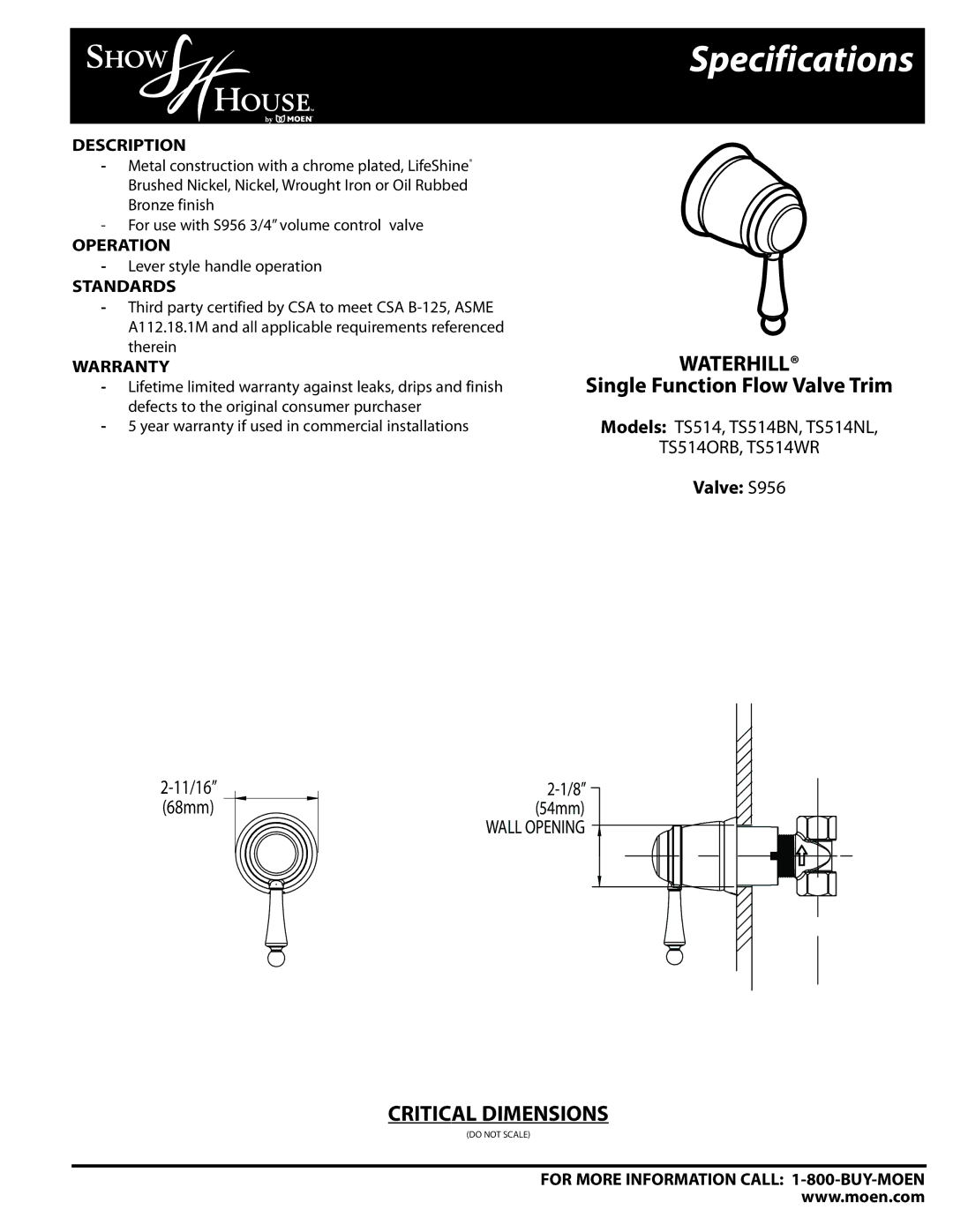 Moen TS514ORB, TS514NL, TS514WR, TS514BN specifications Specifications, Waterhill, Critical Dimensions 