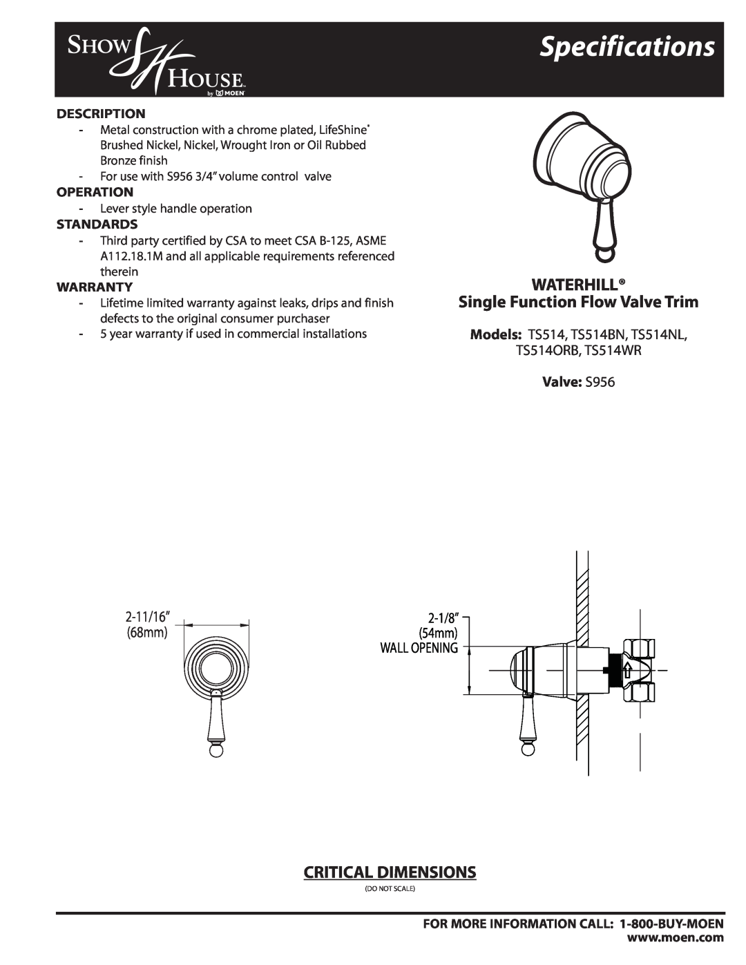 Moen TS514ORB specifications Specifications, WATERHILL Single Function Flow Valve Trim, Critical Dimensions, Valve S956 