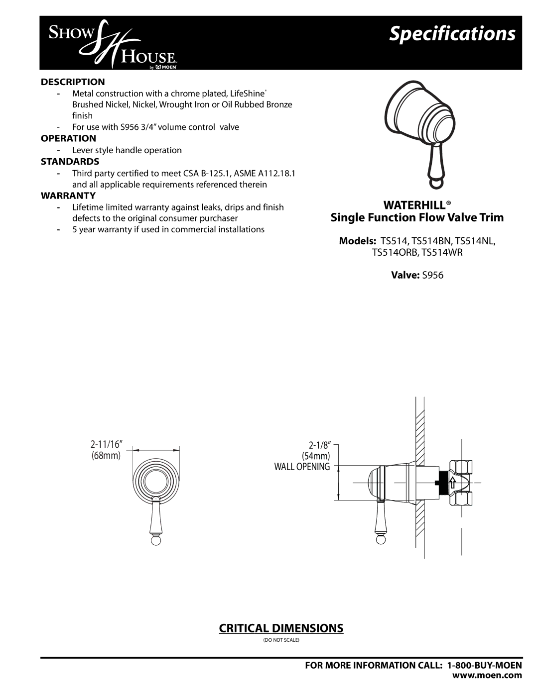 Moen TS516WR, TS516NL, TS516ORB, TS516BN warranty Waterhill, Single Function Flow Valve Trim 