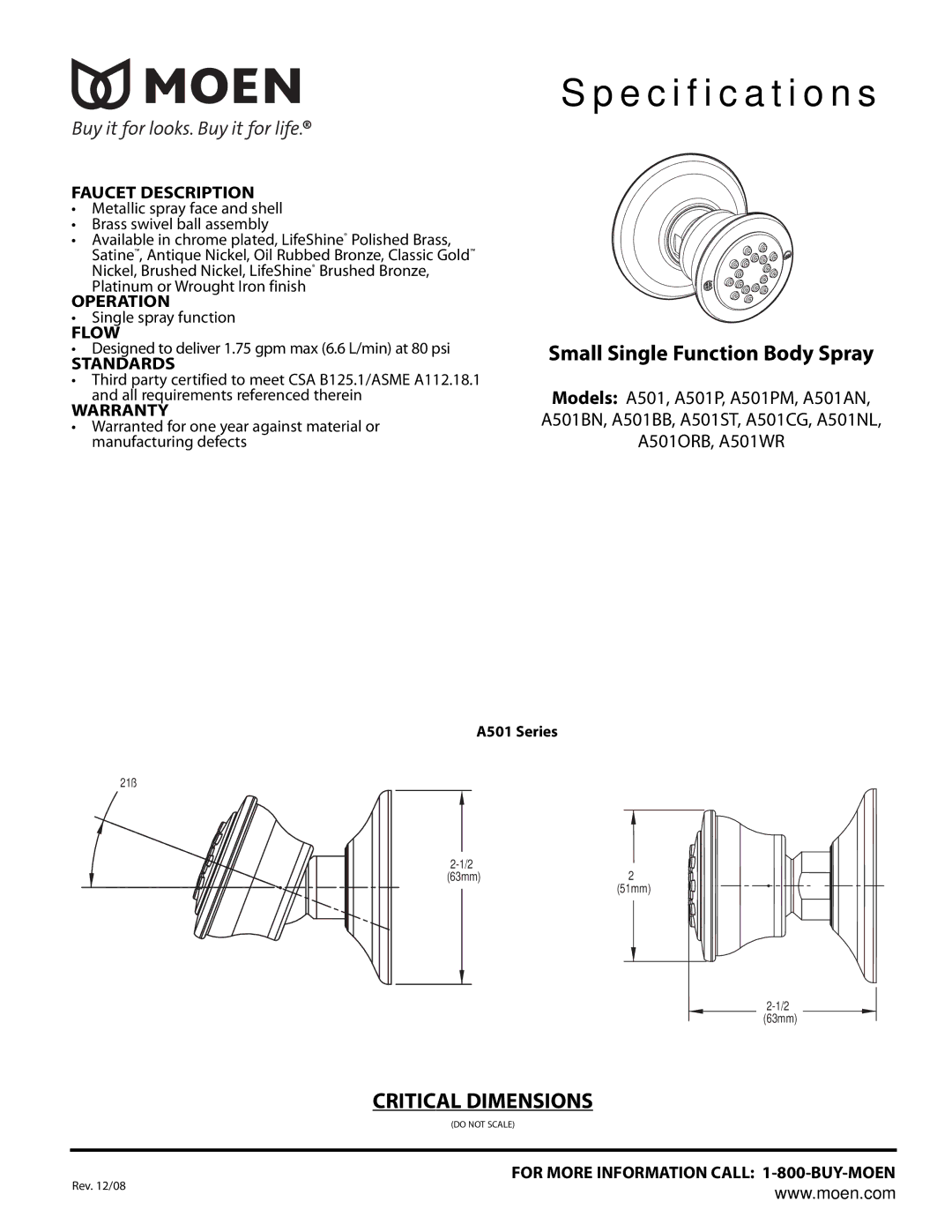 Moen TS516BN, TS516NL, TS516ORB, TS516WR warranty Small Single Function Body Spray, Faucet Description 