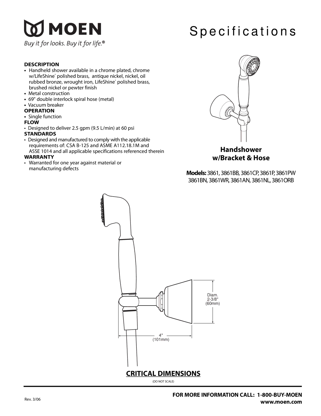 Moen TS516NL, TS516ORB, TS516WR, TS516BN warranty Handshower Bracket & Hose, Description 