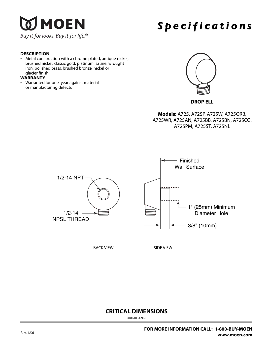 Moen TS516NL, TS516ORB, TS516WR, TS516BN warranty Specification s, Drop ELL 