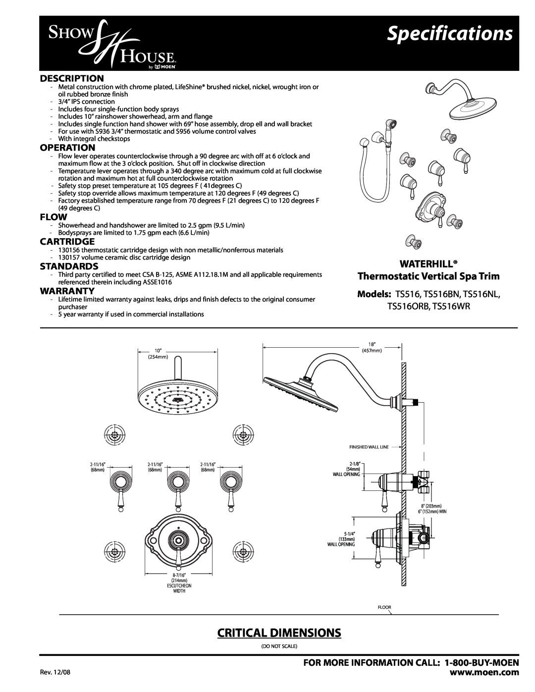 Moen TS516ORB warranty Specifications, WATERHILL Thermostatic Vertical Spa Trim, Description, Operation, Flow, Cartridge 