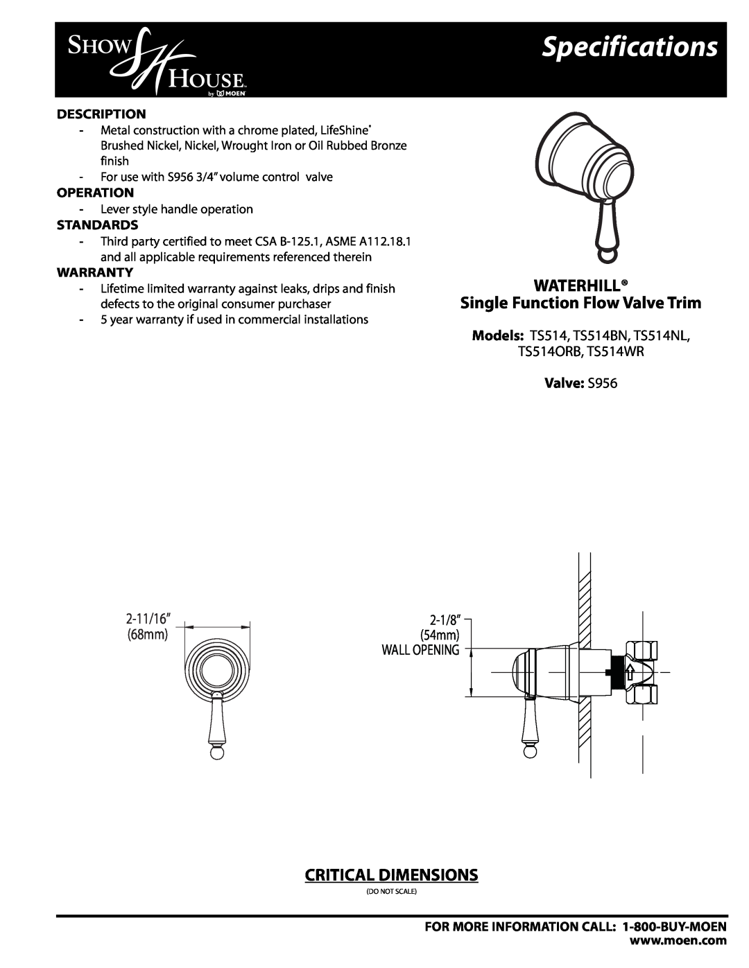Moen TS516WR WATERHILL Single Function Flow Valve Trim, Critical Dimensions, Valve S956, Specifications, Wall Opening 