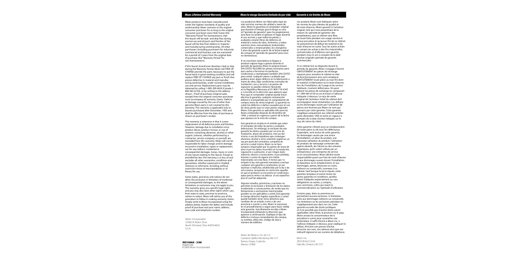 Moen TS51704 Series, TS31712 Series warranty Moen Lifetime Limited Warranty, Garantie à vie limitée de Moen, INS1606A 3/08 