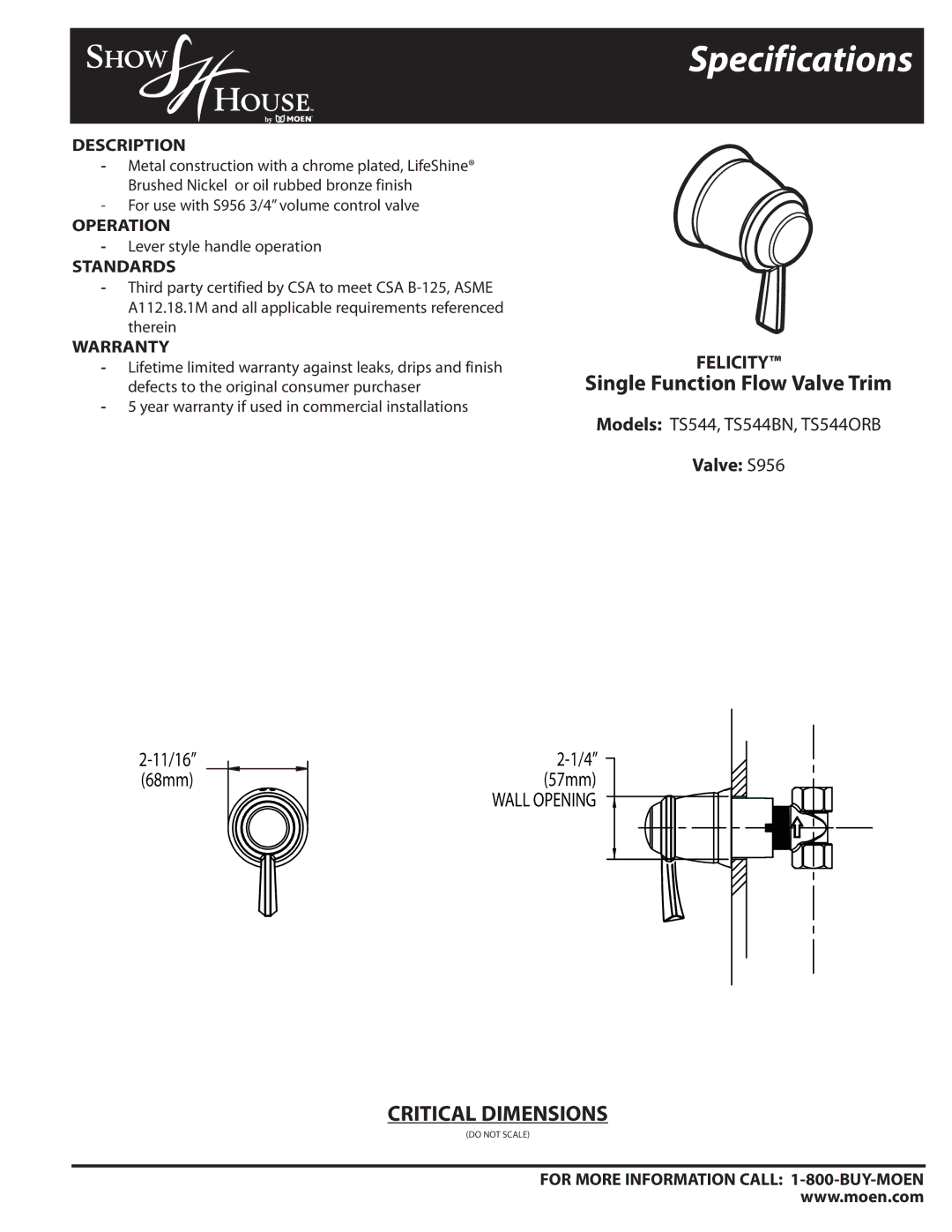 Moen TS544BN, TS544ORB specifications Specifications, Description, Operation, Standards, Warranty 