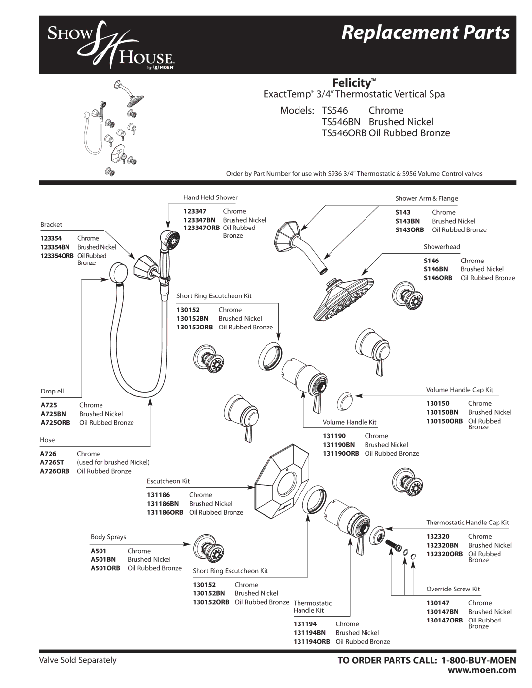 Moen TS546ORB manual Replacement Parts, Felicity, ExactTemp 3/4Thermostatic Vertical Spa Models TS546 Chrome, TS546BN 