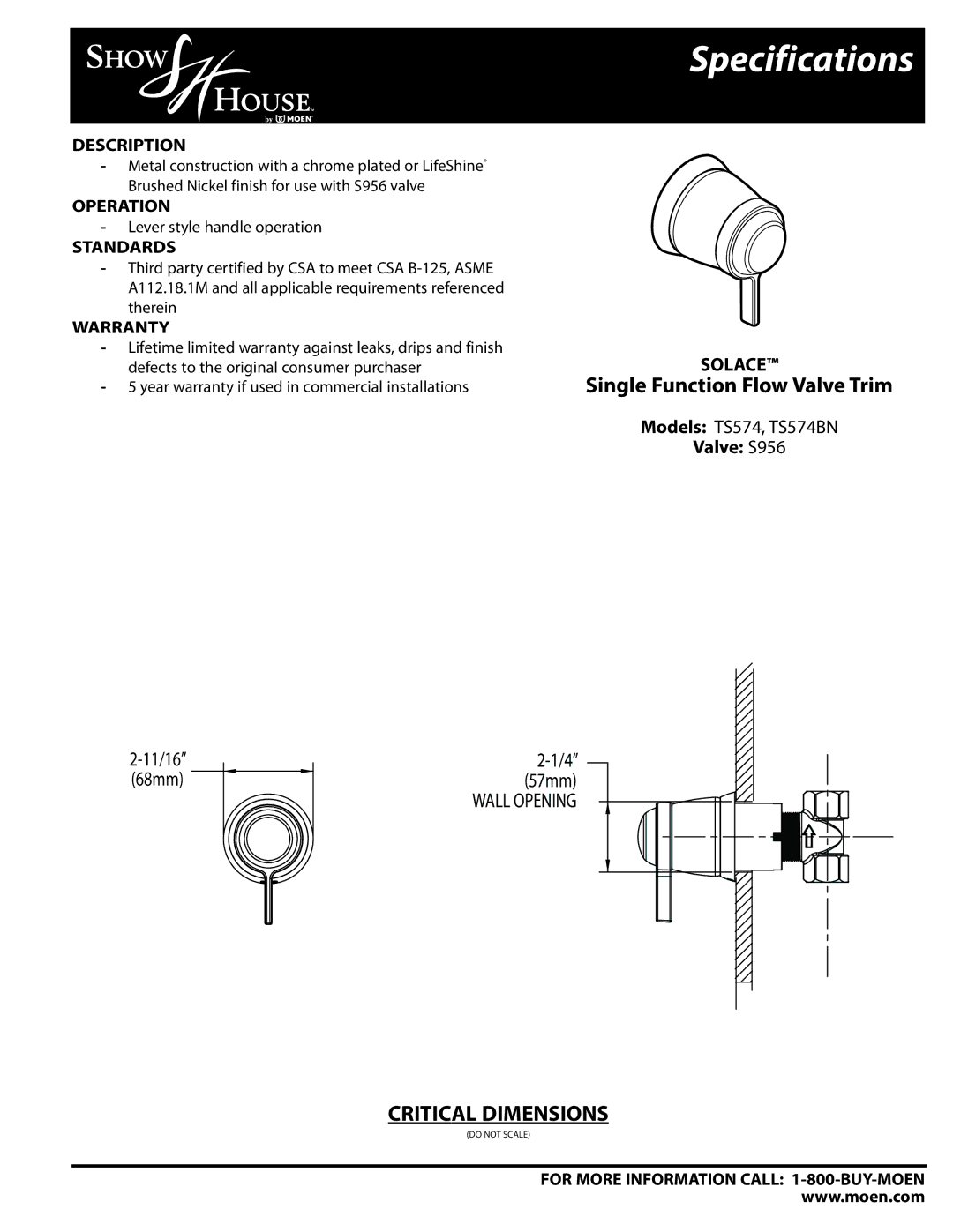 Moen TS574BN specifications Specifications, Description, Operation, Standards, Warranty 