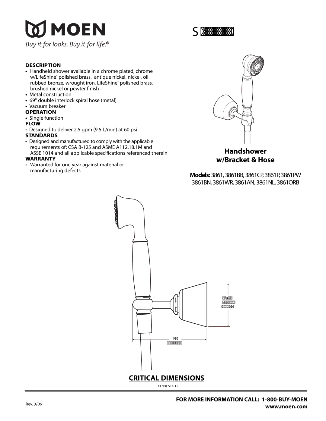 Moen TS576BN warranty Handshower Bracket & Hose, Description 