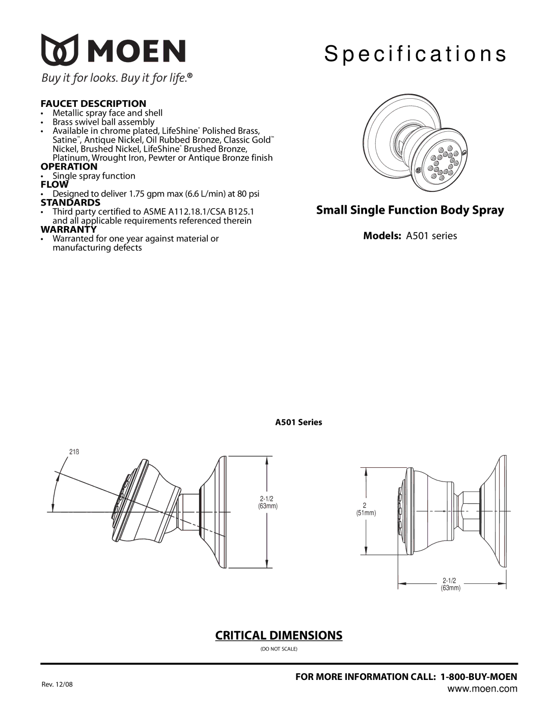 Moen TS596BB, TS596BN warranty Specification s, Faucet Description 