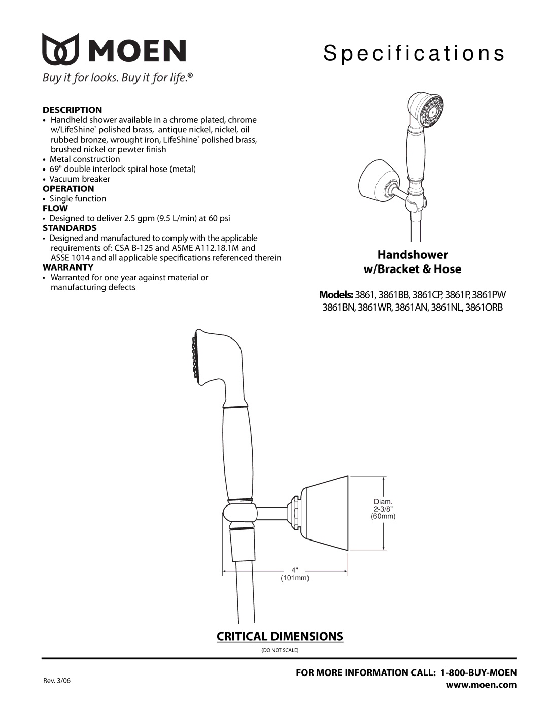 Moen TS596BN, TS596BB warranty Handshower Bracket & Hose 