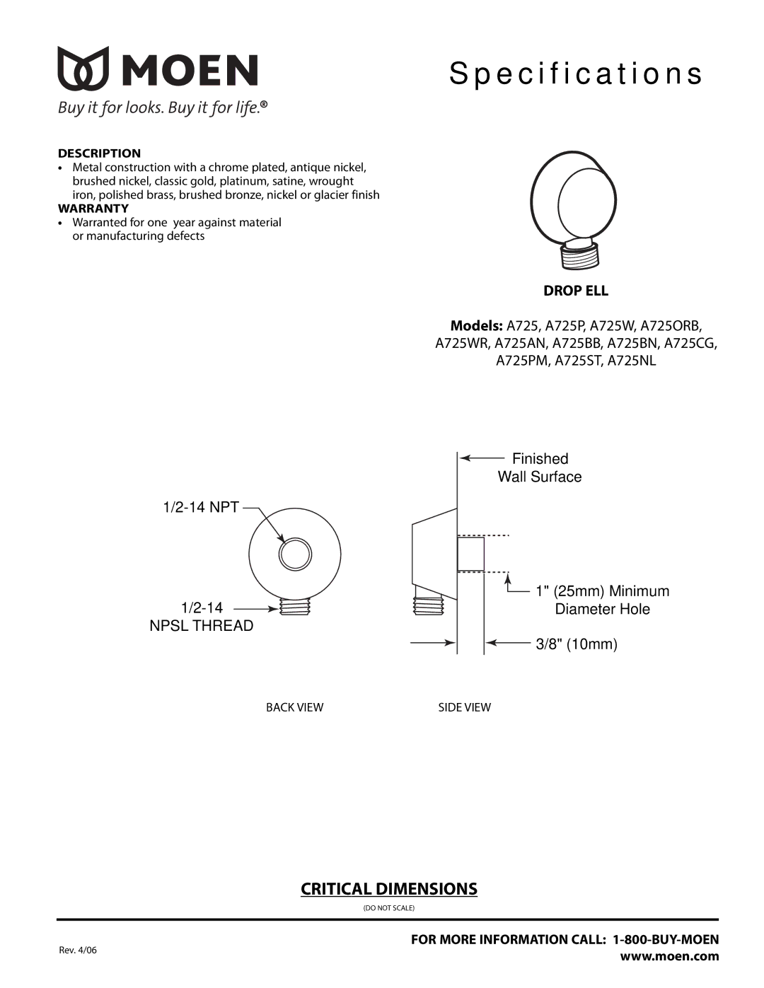 Moen TS596BB, TS596BN warranty Specification s, Drop ELL 