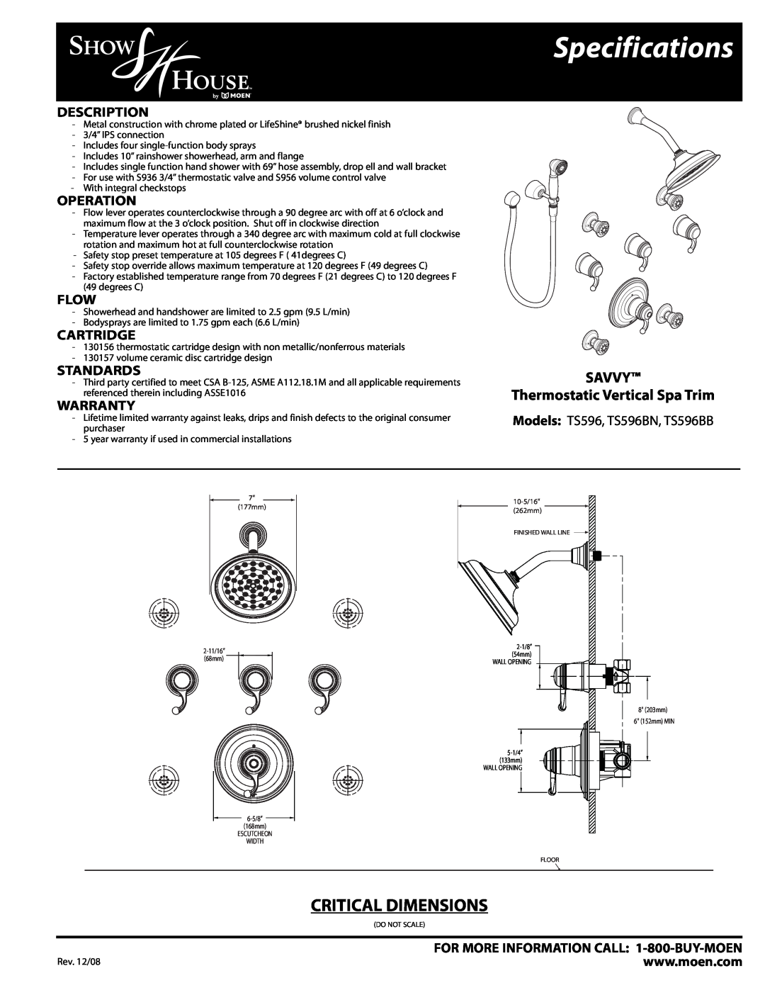 Moen TS596BN warranty Specifications, SAVVY Thermostatic Vertical Spa Trim, Description, Operation, Flow, Cartridge 