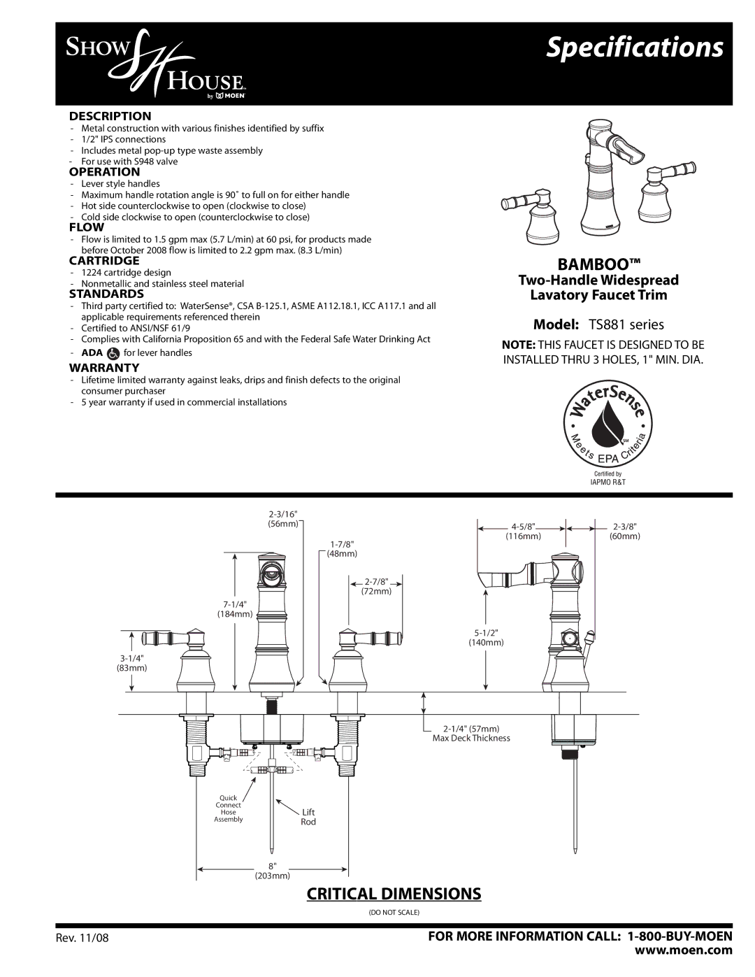 Moen TS881 Series specifications Specifications, Bamboo, Two-Handle Widespread Lavatory Faucet Trim, Model TS881 series 