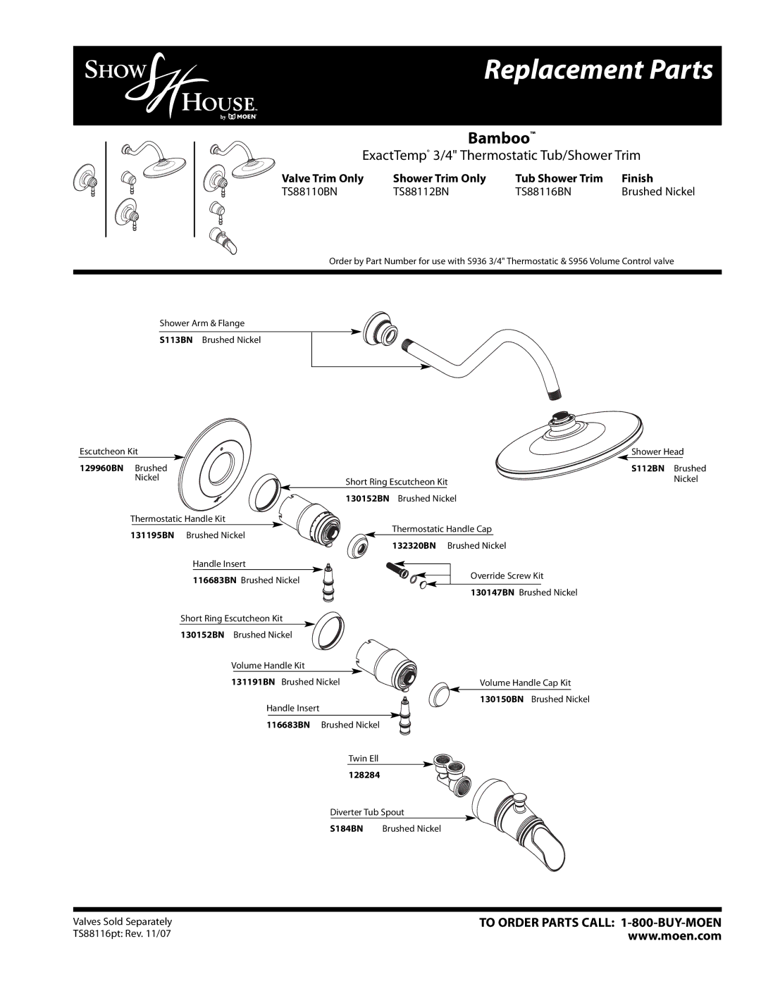 Moen TS88112BN, TS88110BN manual Replacement Parts, Bamboo, ExactTemp 3/4 Thermostatic Tub/Shower Trim, Brushed Nickel 