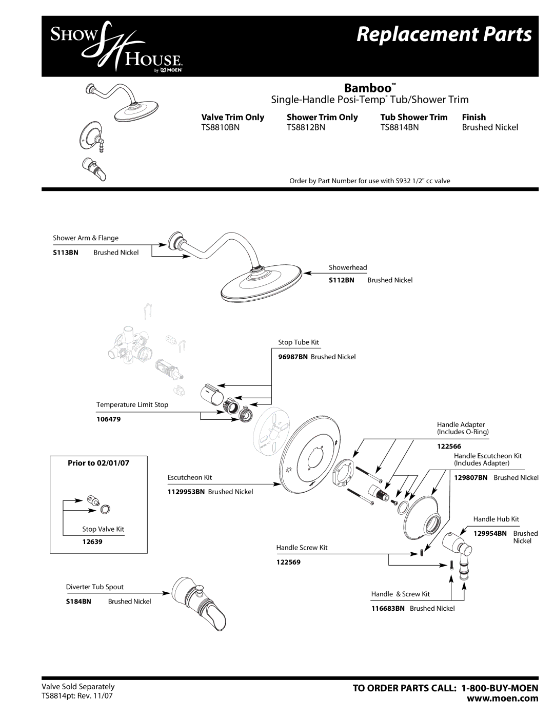 Moen TS8810BN, TS8812BN manual Replacement Parts, Bamboo, Single-Handle Posi-TempTub/Shower Trim, Prior to 02/01/07 