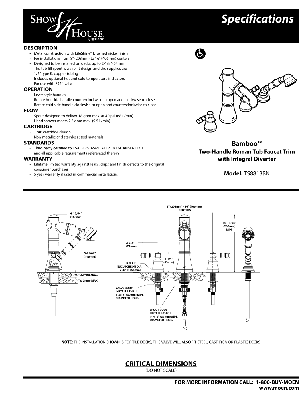 Moen TS8813BN specifications Description, Operation, Flow, Cartridge, Standards, Warranty 