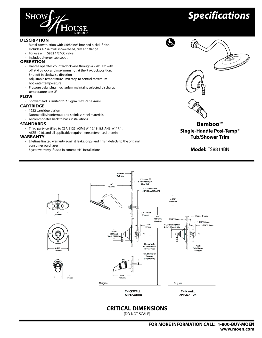 Moen TS8814BN specifications Description, Operation, Flow, Cartridge, Standards, Warranty 