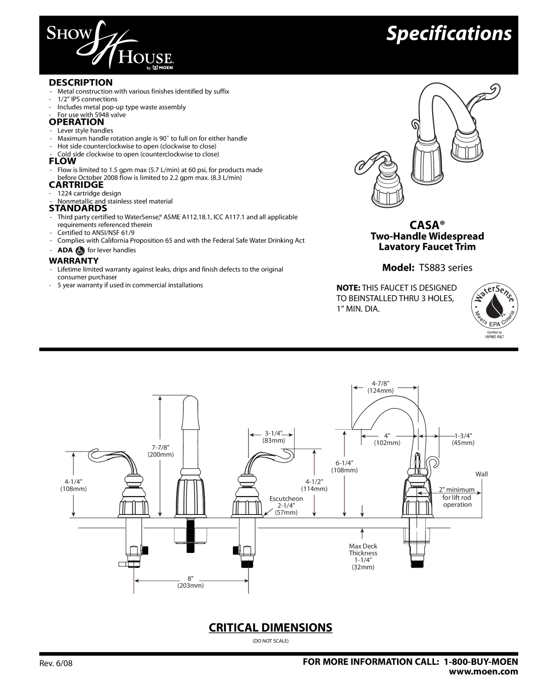 Moen TS883 Series specifications Specifications, Casa, Two-Handle Widespread Lavatory Faucet Trim, Model TS883 series 