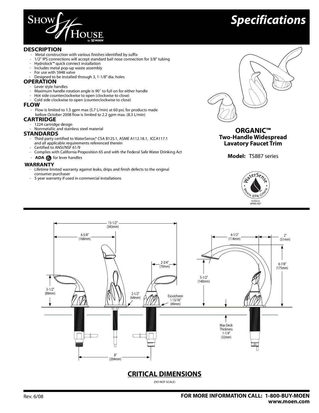 Moen TS887 Series specifications Specifications, Organic, Two-Handle Widespread Lavatory Faucet Trim 