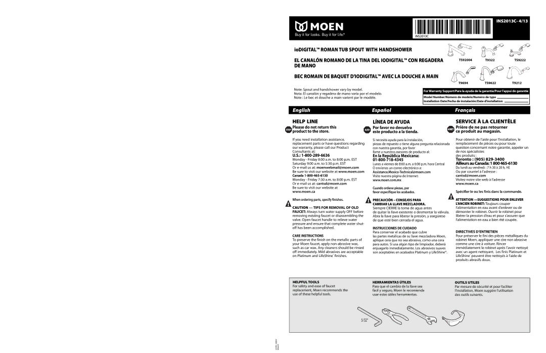 Moen TS9622, TS9222, TS92004, T9694, T9322, T9212 warranty English Español Français 