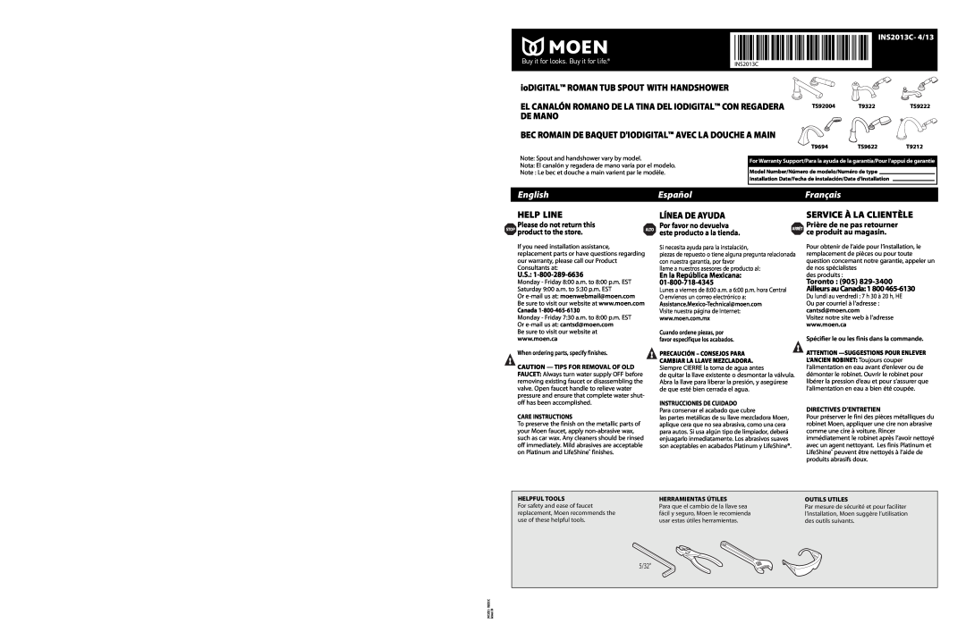 Moen TS9622 warranty INS2013C- 4/13, ioDIGITAL ROMAN TUB SPOUT WITH HANDSHOWER, English, Español, Français, Help Line 