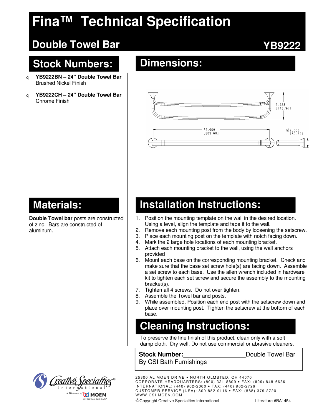 Moen YB9222BN, YB9222CH dimensions Fina Technical Specification 