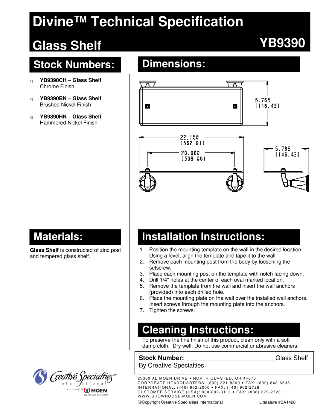 Moen installation instructions Divine Technical Specification, Glass Shelf YB9390 