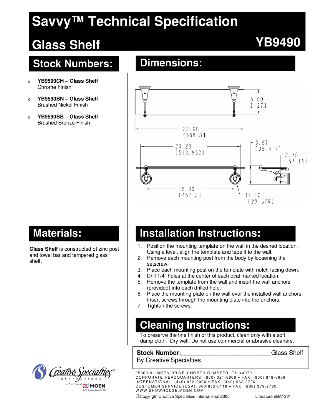 Moen installation instructions Savvy Technical Specification, Glass Shelf YB9490 