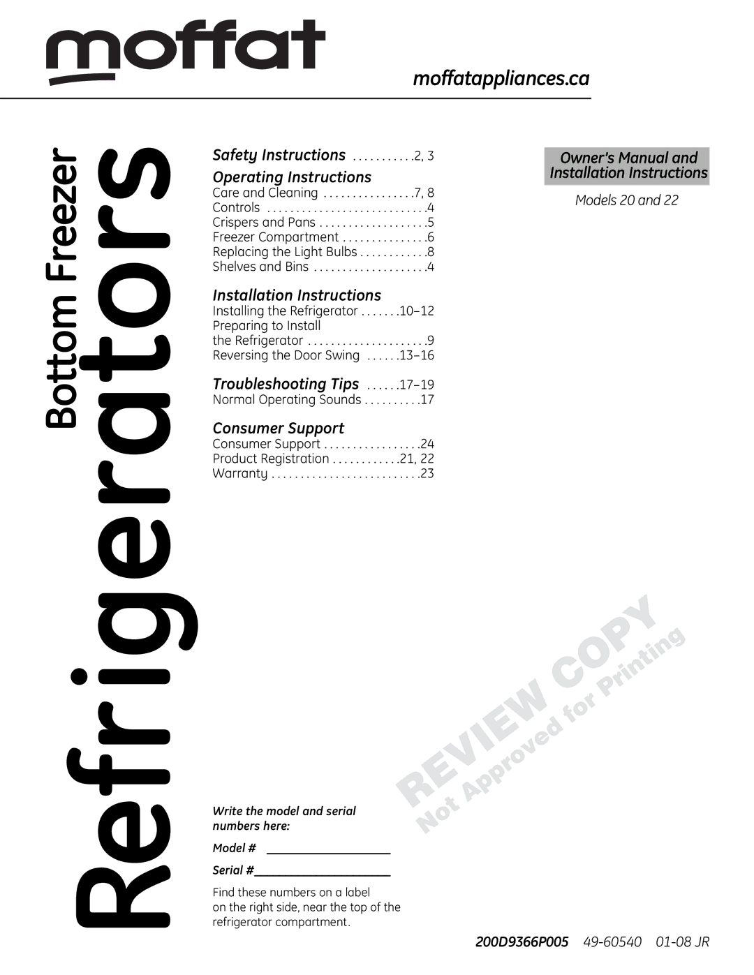 Moffat 20, 22 installation instructions Safety Instructions, Installation Instructions 