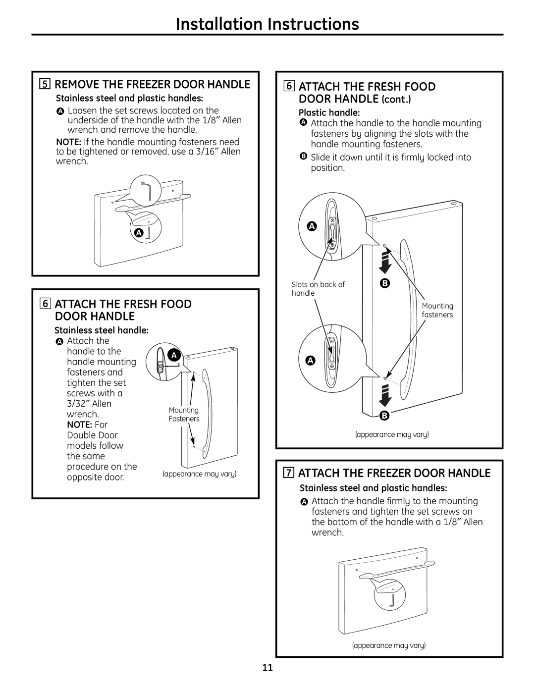 Moffat 20, 22 Attach the Fresh Food Door Handle, Attach the Freezer Door Handle, Stainless steel and plastic handles 