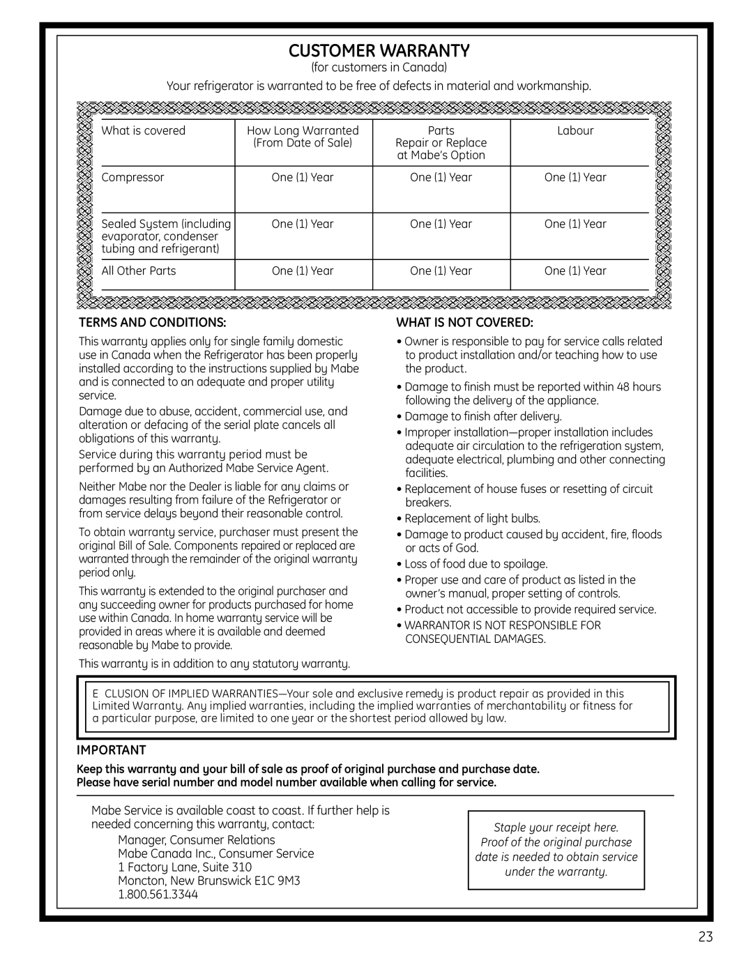 Moffat 20, 22 Terms and Conditions, What is not Covered, What is covered How Long Warranted Parts Labour 