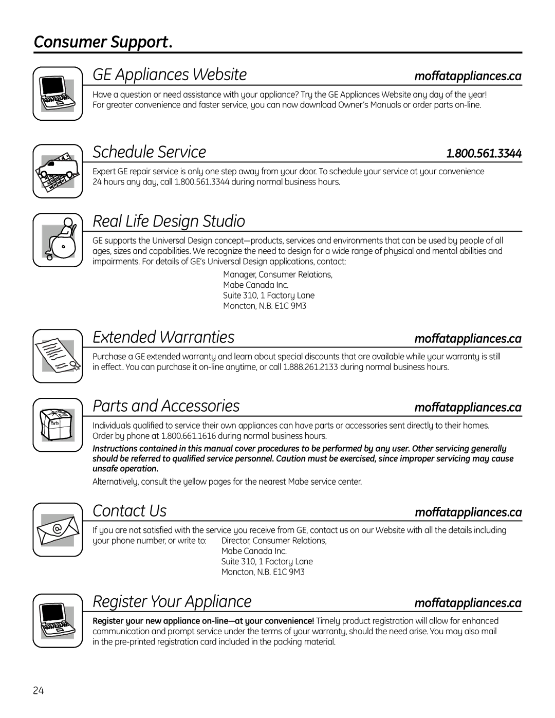 Moffat 22 Consumer Support GE Appliances Website, Schedule Service, Extended Warranties, Parts and Accessories, Contact Us 