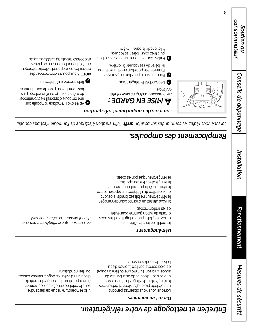 Moffat 20 Dépannage Installation Fonctionnement Mesures de sécurité, Réfrigération compartiment du Lumières, Déménagement 