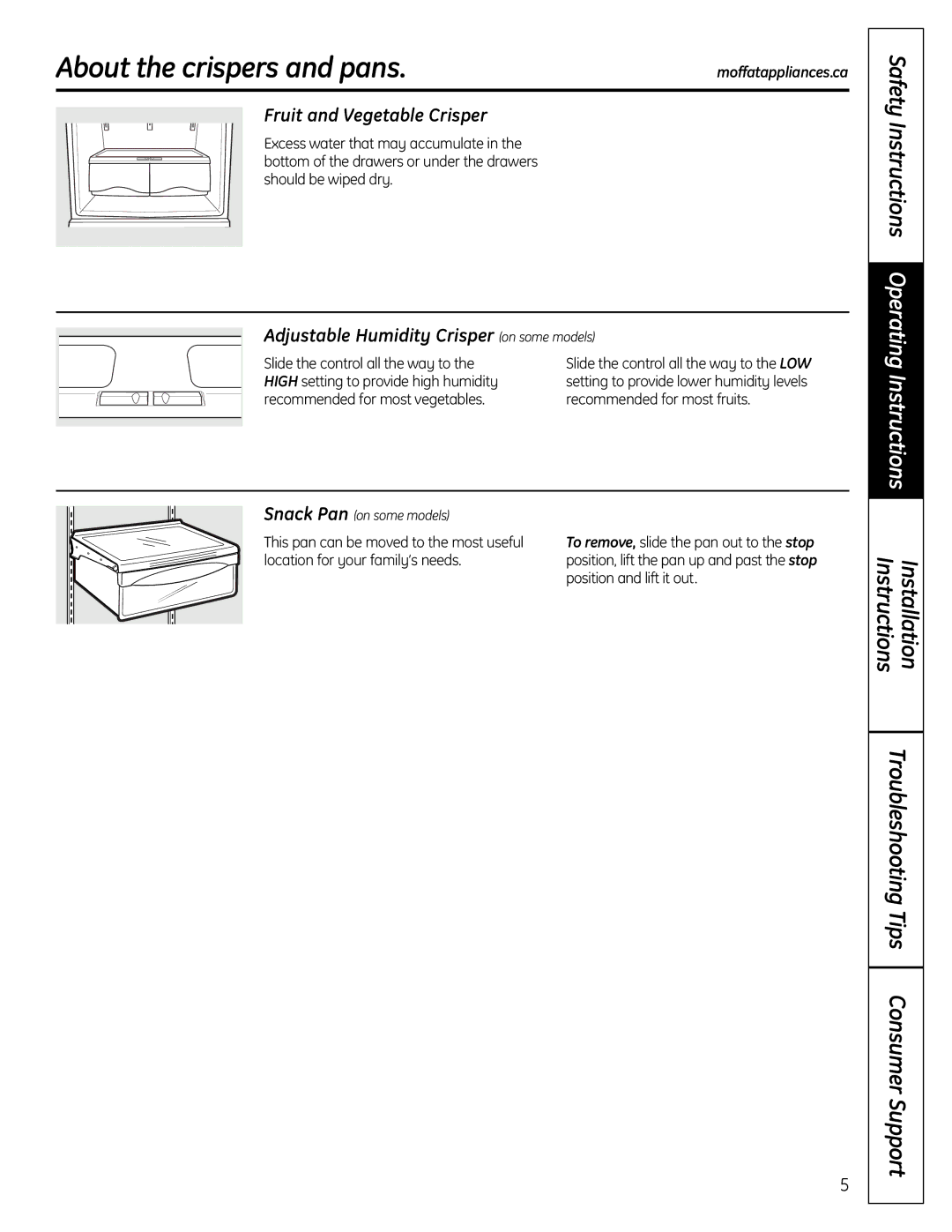 Moffat 20, 22 About the crispers and pans, Fruit and Vegetable Crisper, Adjustable Humidity Crisper on some models 