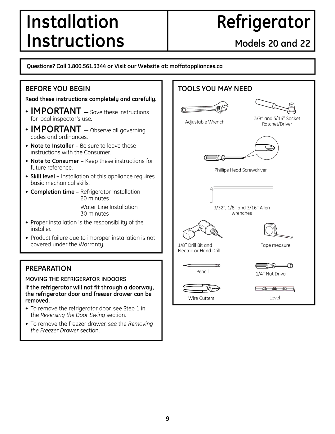 Moffat 20 Before YOU Begin, Preparation, Read these instructions completely and carefully, Moving the Refrigerator Indoors 