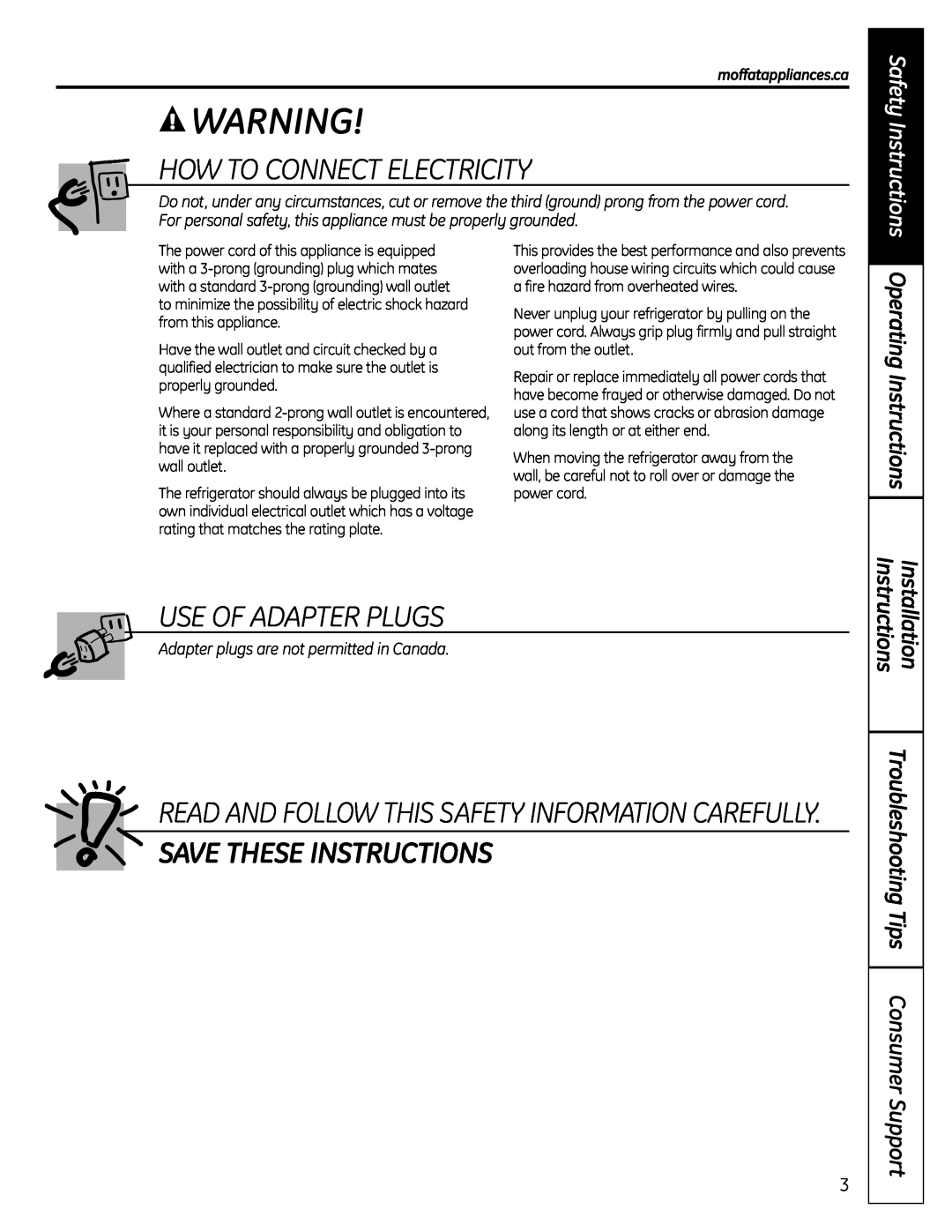 Moffat 20 How To Connect Electricity, Use Of Adapter Plugs, Save These Instructions, Operating Instructions, Installation 