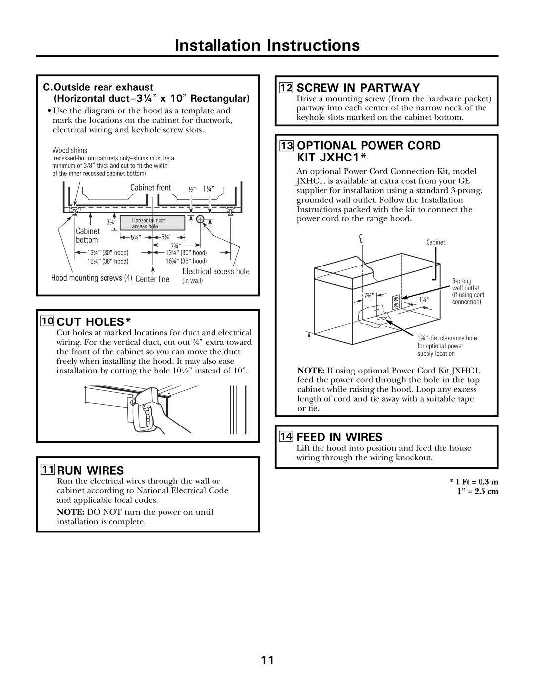 Moffat 350A4502P5661 owner manual CUT Holes, RUN Wires, Screw in Partway, Optional Power Cord KIT JXHC1, Feed in Wires 